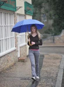 Blonde walking under the rain, coming home to go nude